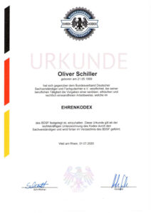 Urkunde Ehrenkodex - Kfz-Sachverständigenbüro Oliver Schiller in Olching