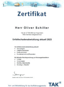 Urkunde - Kfz-Sachverständigenbüro Oliver Schiller in Olching